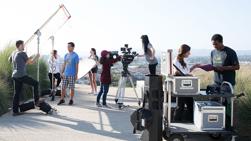 Students shooting a film project on the LMU bluff