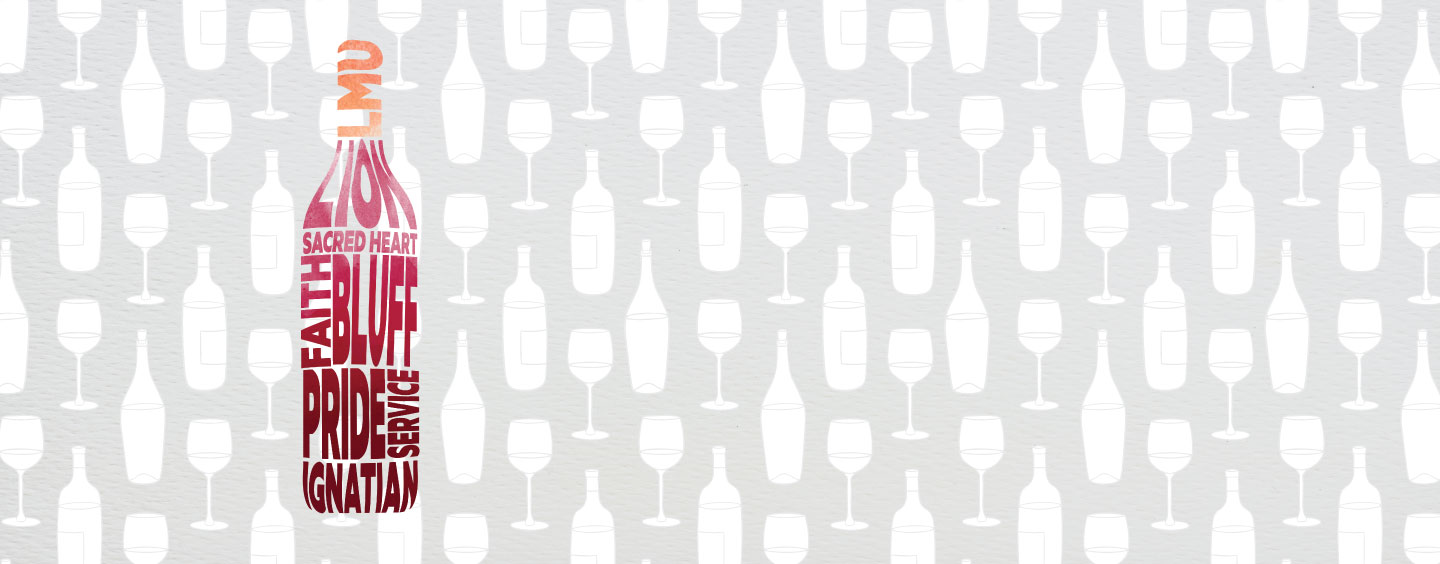 A graphic depicting a wine bottle with words representing LMU in it, on a background with silhouettes of wine bottles and glasses.