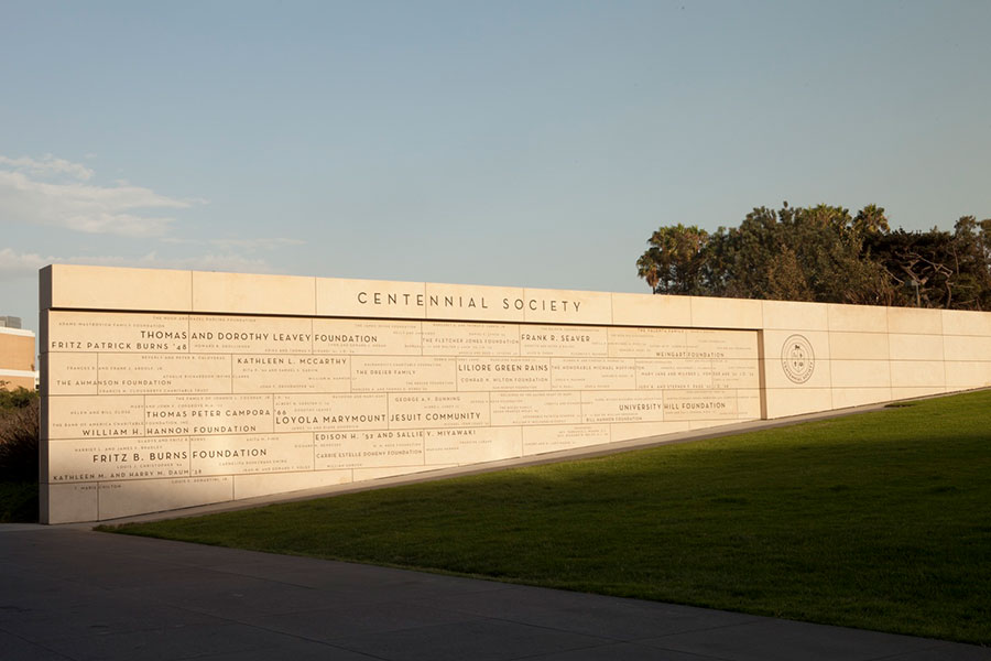 Members of the Centennial Society are recognized on the Centennial Wall centrally located on campus in front of the William H. Hannon Library.