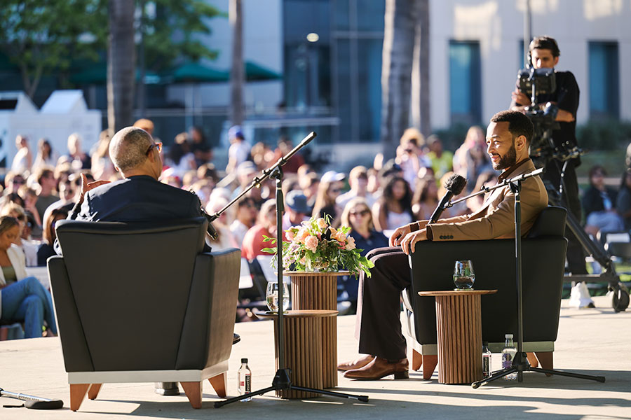 EGOT-winning singer-songwriter, actor, producer, activist, and philanthropist John Legend visits LMU's Global Conversations Series' host Professor Henry Louis Gates Jr. on LMU's Drollinger Stage.