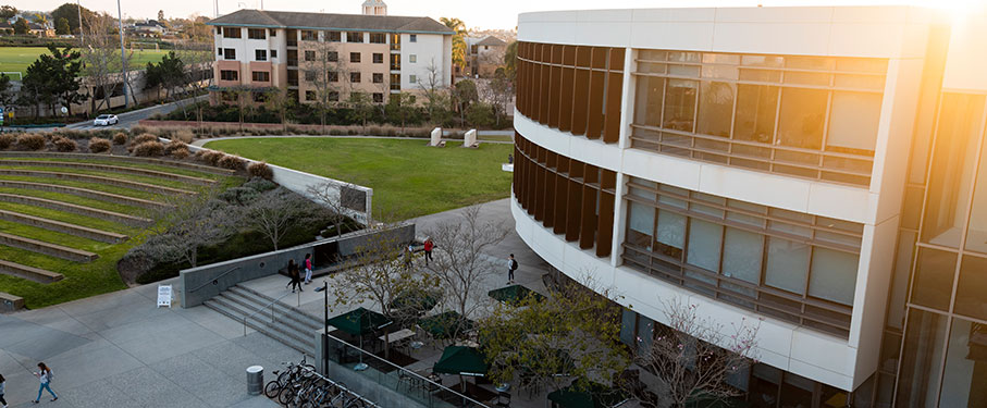 Aerial view of the William H. Hannon Library at sunset